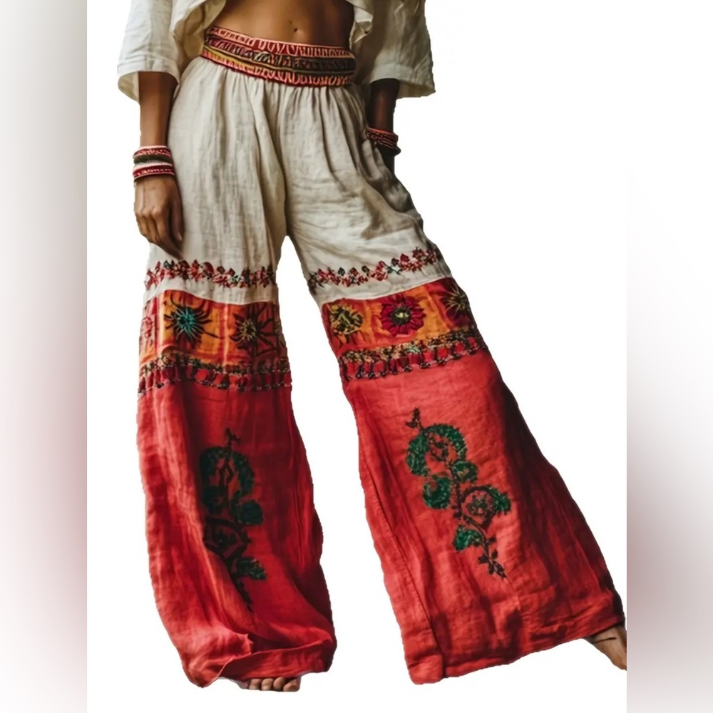 Bohemian Embroidered Wide-Leg Pants - Red and White